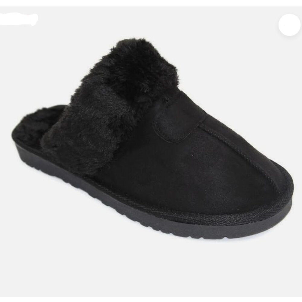 Faux Suede Faux Fur-Lined Mule Slippers in Black.
